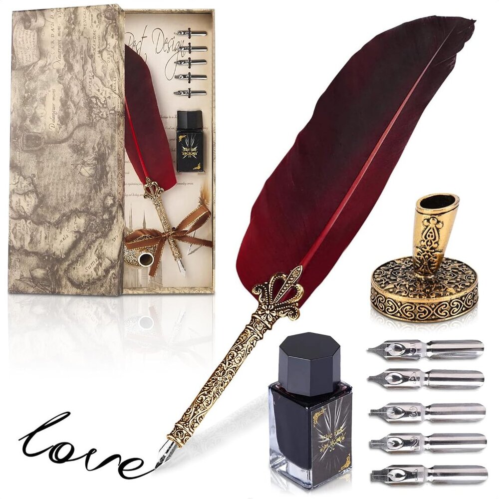 Antique Feather Pen and Ink Set - 11.4" Red Feather Quill Pen and Ink Set with S